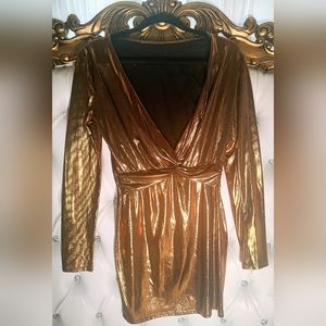 Copper metallic mini dress, long sleeves